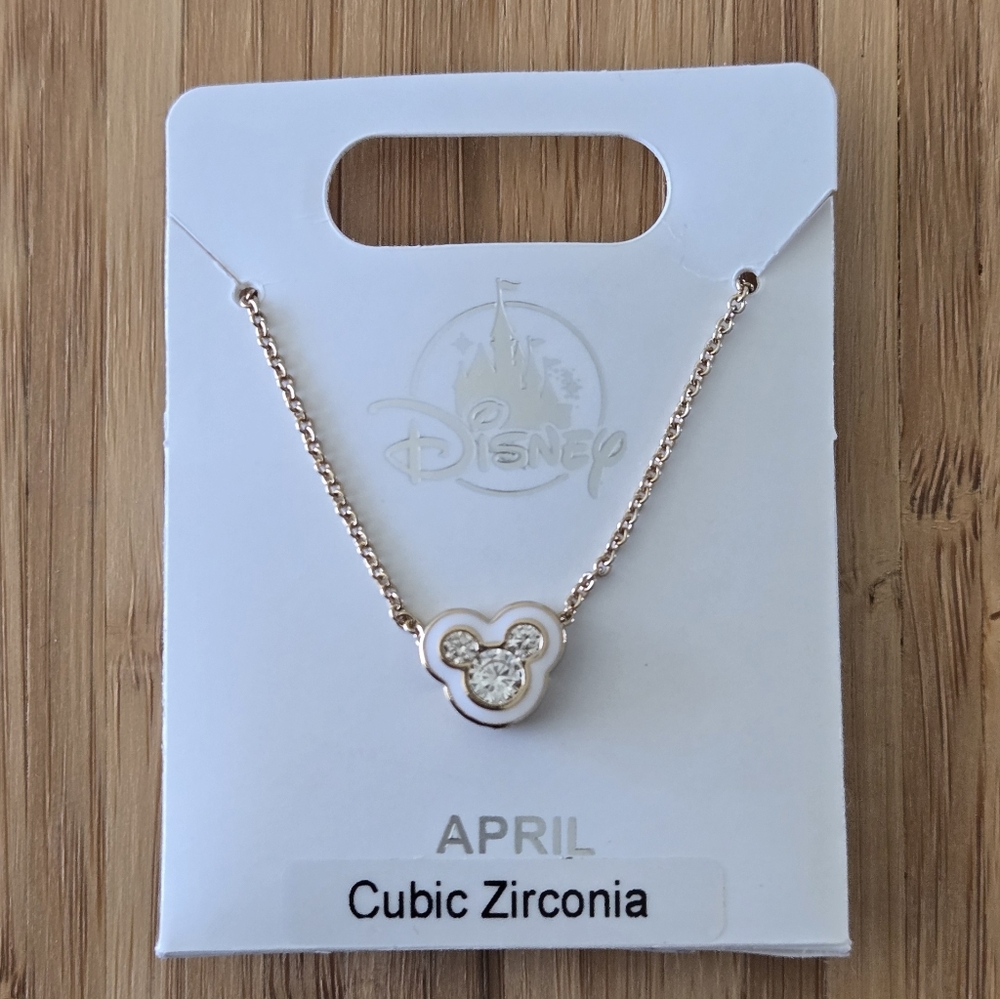 Mickey Mouse April Birthstone Necklace - White Enamel and Cubic Zirconia
